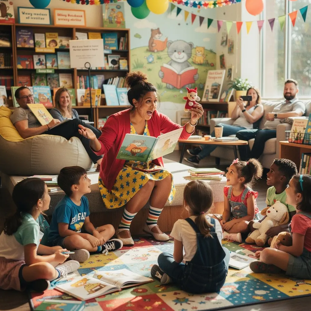 An inviting display of curated books with vibrant covers and themed decorations.