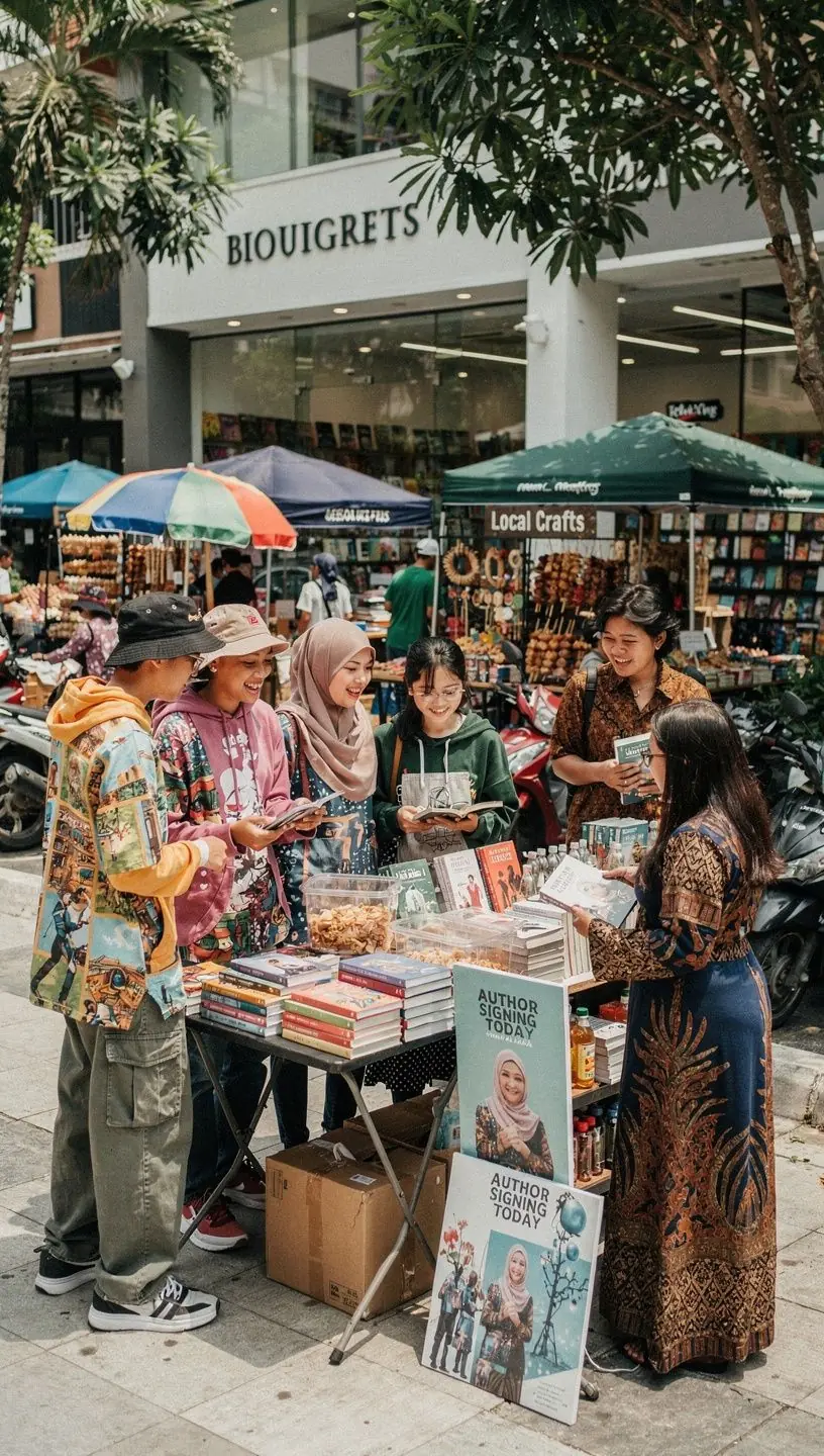 A diverse group of people engaged in a lively book discussion event at the bookstore.