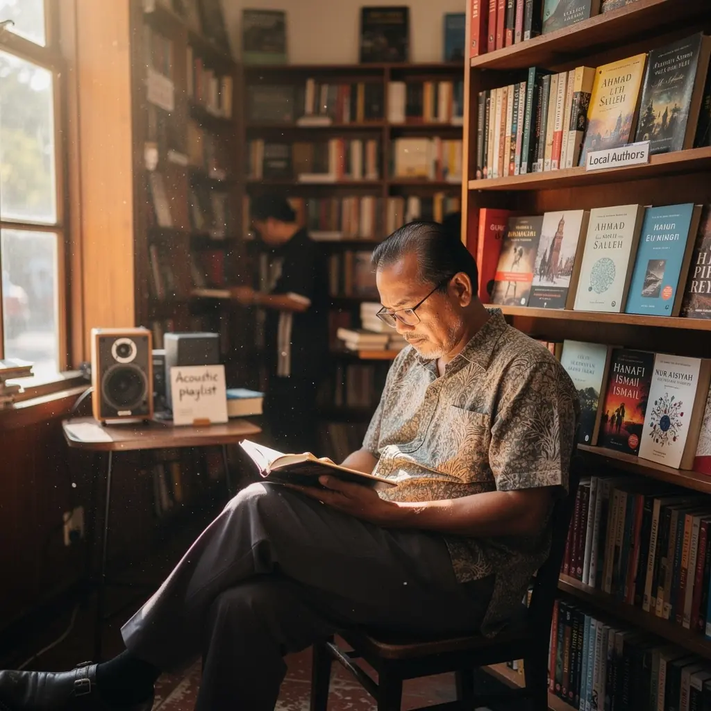 A lively author signing event with fans eagerly waiting to meet their favorite writer.