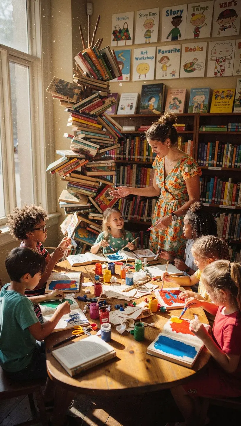 A vibrant community gathering in the bookstore, featuring a local poetry reading session.