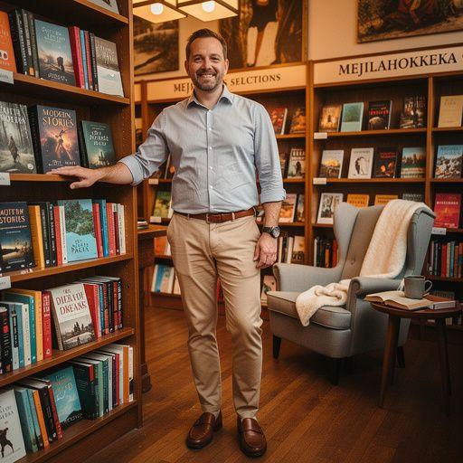 A cozy reading nook inside an independent bookstore with shelves filled with curated books.