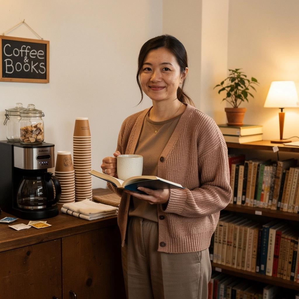 A group of friends enjoying a book club meeting, surrounded by stacks of novels and refreshments.