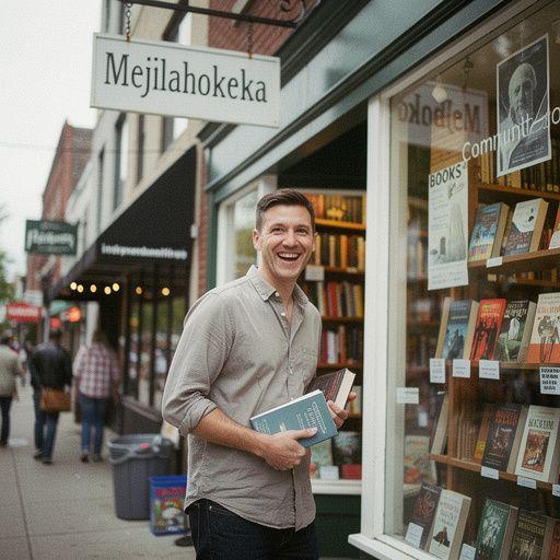 A warm and welcoming storefront of the independent bookstore, adorned with colorful banners promoting upcoming events.